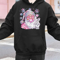 Retro Bubble Gum Peace Sign Christmas Sweatshirt, Disco Santa Hoodie, Humorous Groovy Xmas Santa Pullover, Holiday Party Hooded Sweater
