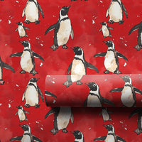 Red Winter Hat Holiday Gift Wrap, Adorable Penguin Christmas Wrapping Paper, Cartoon Penguin Wrapping Paper, Festive Snowflake Gift Wrap Roll