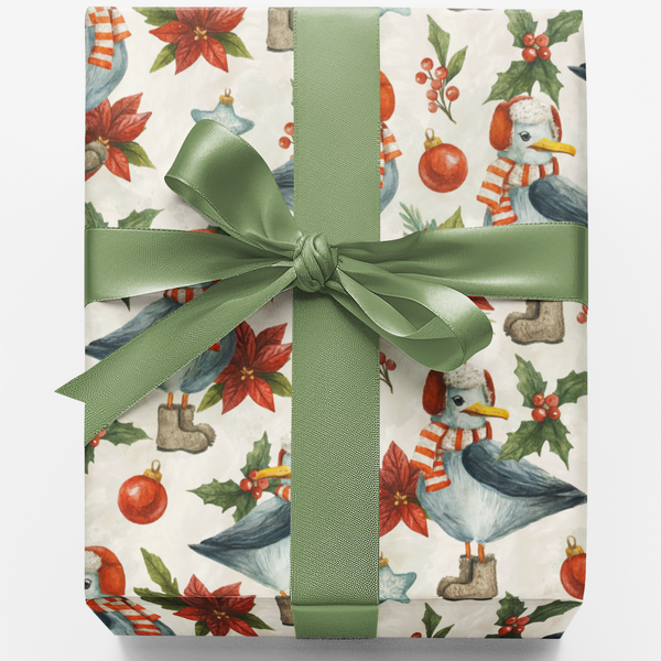 Watercolor Seagull Holly Wrapping Paper, Coastal Christmas Gift Wrap, Beach Holiday Present Paper, Nautical Winter Gift Wrapp