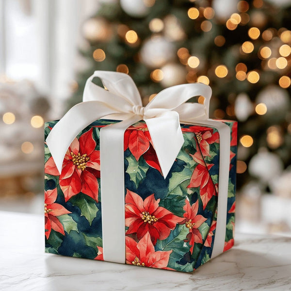 Dark Moody Floral Gift Wrap, Watercolor Poinsettia Wrapping Paper, Vintage Red Christmas Wrapping Paper, Botanical Holiday Gi