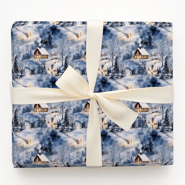 Watercolor Night Cabin Holiday Gift Wrap, Snowy Winter Village Wrapping Paper, Comfy Christmas Town Wrapping Paper, Festive W