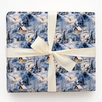 Watercolor Night Cabin Holiday Gift Wrap, Snowy Winter Village Wrapping Paper, Comfy Christmas Town Wrapping Paper, Festive Winter Gift Wrap