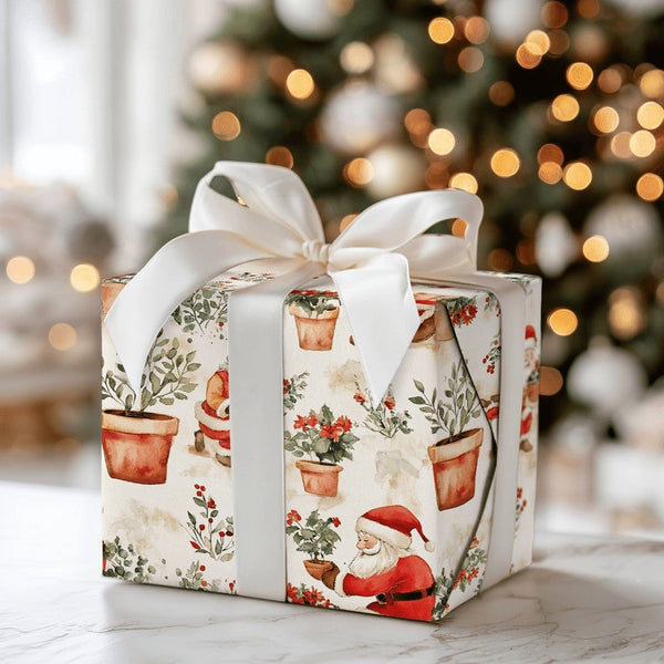 Watercolor Plant Christmas Gift Wrap, Gardening Santa Wrapping Paper, Poinsettia Holiday Present Wrap, Plant Lover Xmas Gift 