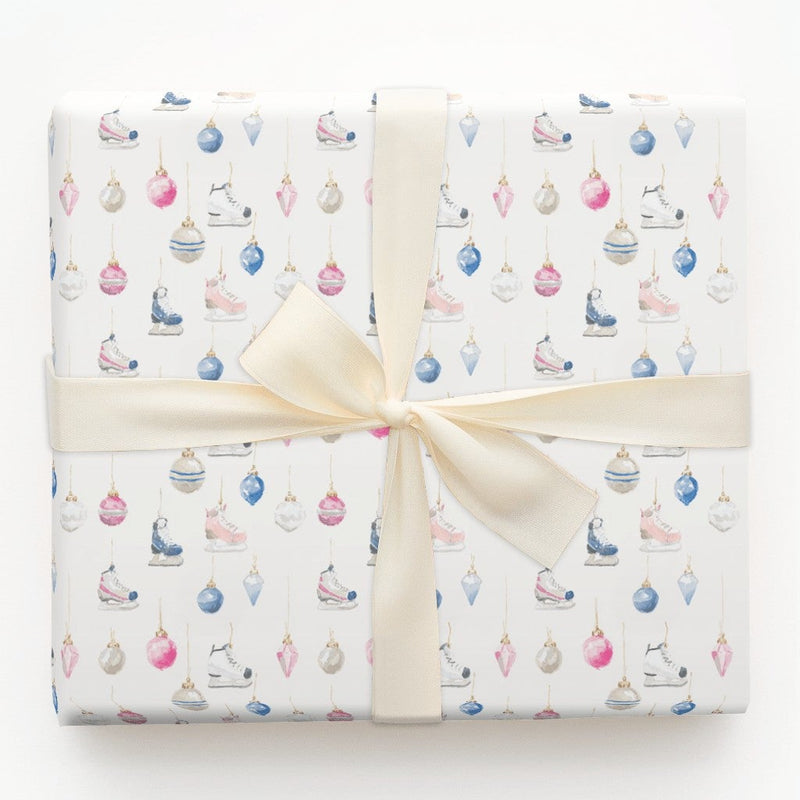 Christmas Ornaments Gift Wrap, Watercolor Ice Skates Wrapping Paper, Pastel Winter Holiday Wrapping Paper, Festive Seasonal Gift Wrap