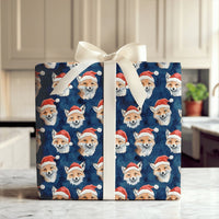 Woodland Animal Christmas Gift Wrap, Fox in Santa Hat Wrapping Paper, Navy Blue Holiday Present Paper