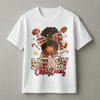 Afrocentric Holiday Woman T-Shirt, African American Merry Christmas T-Shirt, Melanin Queen Xmas Graphic Tee, Festive Black Holiday Shirt