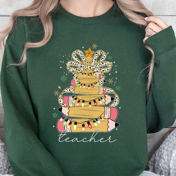 Pencil Tree Coquette Bow Sweater, Teacher Christmas Sweatshirt, Adorable School Holiday Crewneck, Retro Teacher Xmas Sweatshi