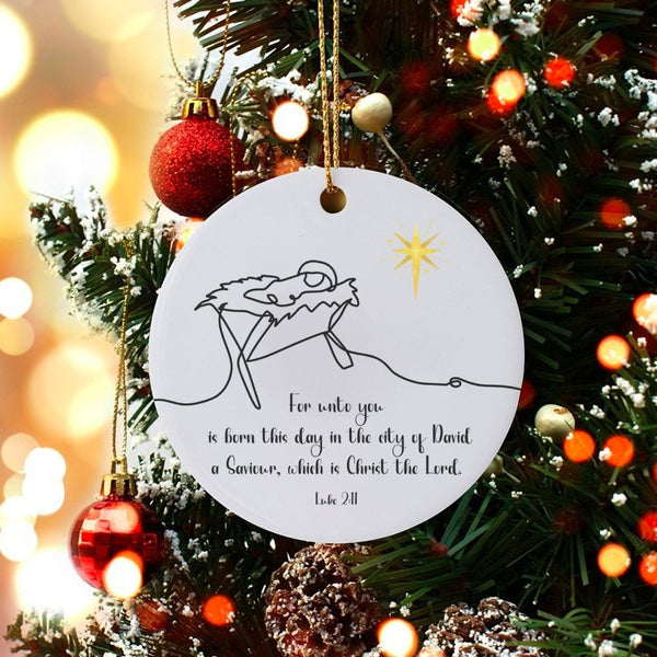 Bible Verse Line Art Christmas Ornament, Luke 2 11 Nativity Ornament, Religious Scripture Ceramic Tree Ornament, Faith Holida