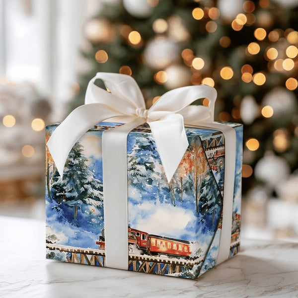 Red Locomotive Gift Wrap, Watercolor Christmas Train Wrapping Paper, Snowy Bridge Winter Paper Roll, Holiday Gift Wrap, Train