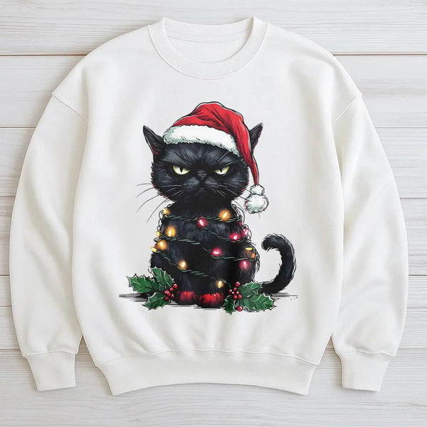 Tangled Lights Cat Sweater, Grumpy Black Cat Christmas Sweatshirt, Humorous Holiday Cat Crewneck, Spooky Adorable Xmas Sweats