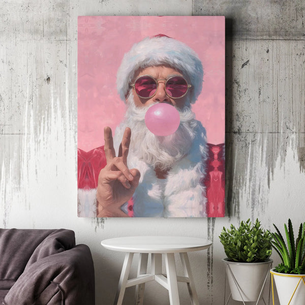 Bubble Gum Santa Claus Canvas Print, Cool Santa Peace Sign Canvas Wall Art, Humorous Retro Christmas Canvas Decor, Holiday Of