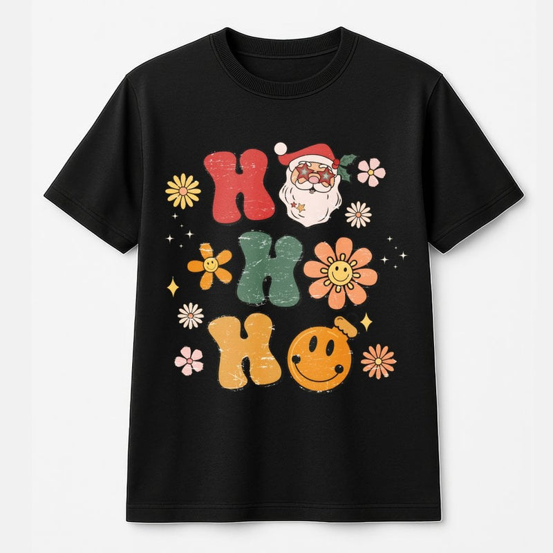 Groovy Santa Smiley Face Tee, Retro Ho Ho Ho Christmas T-Shirt, Vintage Holiday Graphic T-Shirt, Festive Teacher Xmas Shirt, Present for Women