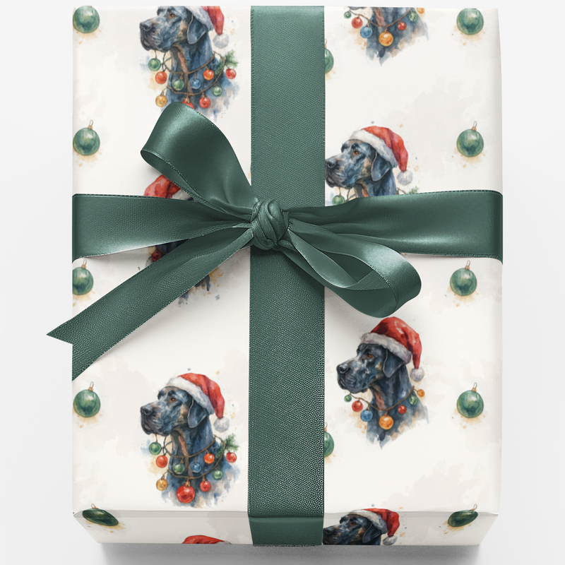 Watercolor Dog Santa Hat Print Gift Wrap, Great Dane Christmas Wrapping Paper, Xmas Puppy Wrapping Paper Roll