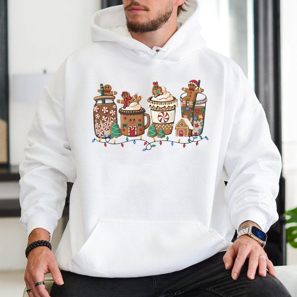 Adorable Christmas Coffee Hooded Sweatshirt, Gingerbread Hot Cocoa Hoodie, Comfy Holiday Hoodie, Festive Winter Pullover Hood