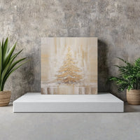 Textured Gold Holiday Painting Wall Art, Golden Christmas Tree Canvas, Elegant Modern Christmas Canvas Print, Winter Home Decor Present