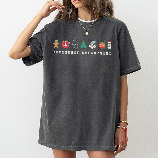 Festive Medical ER Graphic Tee, Emergency Department Christmas T-Shirt, Hospital Staff Nurse Holiday Shirt, Adorable Xmas Doc