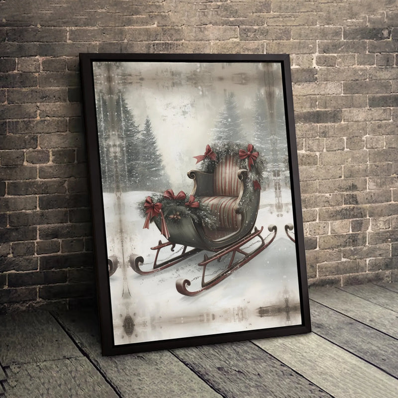 Snowy Forest Winter Canvas Wall Art, Vintage Christmas Sleigh Canvas Print, Holiday Sleigh Scene Canvas Art, Festive Xmas Home Decor
