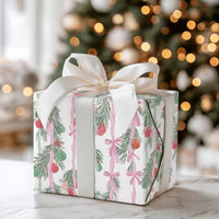 Watercolor Garland Gift Wrap, Christmas Wrapping Paper, Pink and Green Bows Holiday Gift Wrap Paper, Festive Present Wrapping Paper