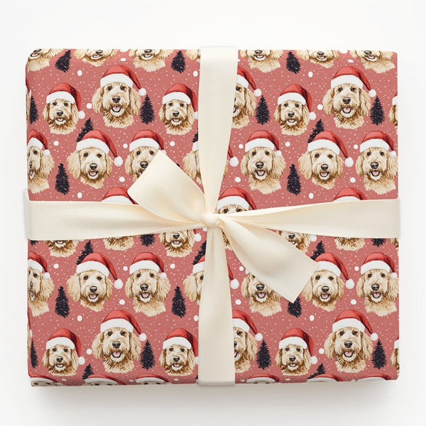 Dog Santa Hat Holiday Gift Wrap, Goldendoodle Christmas Wrapping Paper, Adorable Puppy Xmas Wrapping Paper, Dog Lover Winter 