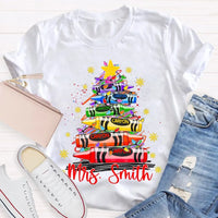 Custom Name Holiday Shirt, Personalized Christmas Tree T-Shirt, Colorful Crayon Snowflake Graphic Tee, Kids Family Christmas Tee