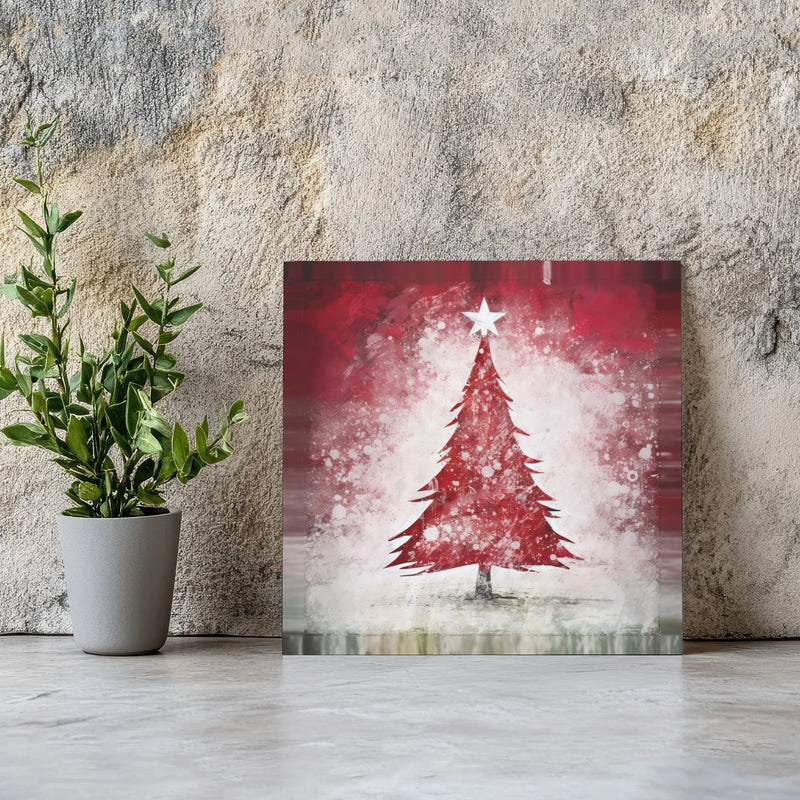 Rustic Snowy Winter Canvas Print, Red Christmas Tree Canvas Wall Art, Holiday Tree Painting, Festive Square Canvas Home Decor Present