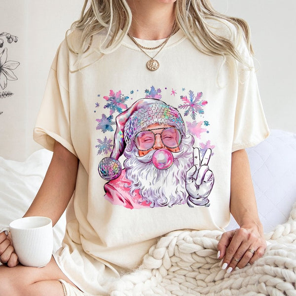Retro Peace Sign Santa T-Shirt, Disco Santa Christmas Shirt, Bubble Gum Graphic Tee, Trendy Y2K Holiday Top, Xmas Present for