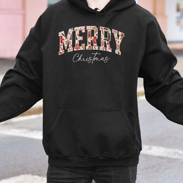 Retro Holiday Lettering Hoodie, Merry Christmas Hoodie, Vintage Winter Pattern Hooded Sweatshirt, Comfy Family Xmas Pullover,
