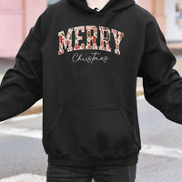 Retro Holiday Lettering Hoodie, Merry Christmas Hoodie, Vintage Winter Pattern Hooded Sweatshirt, Comfy Family Xmas Pullover, Christmas Present