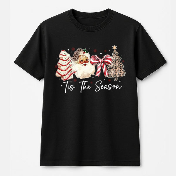 Retro Leopard Santa Graphic Tee, Tis the Season Christmas Shirt, Holiday Season T-Shirt, Adorable Xmas Festive Top, Winter Ch