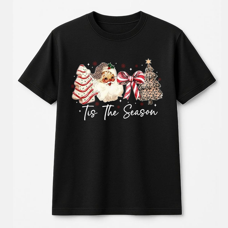 Retro Leopard Santa Graphic Tee, Tis the Season Christmas Shirt, Holiday Season T-Shirt, Adorable Xmas Festive Top, Winter Christmas Party Shirt