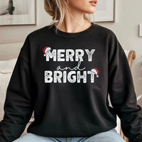 Santa Hat Xmas Sweatshirt, Merry and Bright Christmas Sweatshirt, Adorable Holiday Graphic Crewneck, Retro Christmas Sweatshirt, Xmas Fan Present