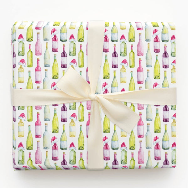 Watercolor Wine Lover Gift Wrap, Santa Hat Wine Bottle Christmas Wrapping Paper, Holiday Wine Bottle Wrapping Paper, Drinker 