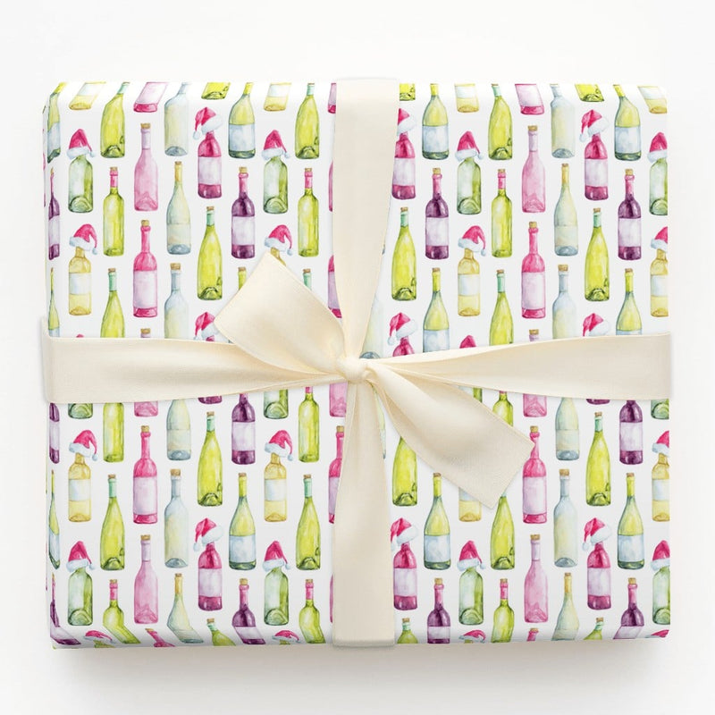 Watercolor Wine Lover Gift Wrap, Santa Hat Wine Bottle Christmas Wrapping Paper, Holiday Wine Bottle Wrapping Paper, Drinker Holiday Paper