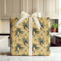 Pine Bough Holiday Gift Wrap Roll, Vintage Golden Bells Christmas Wrapping Paper, Traditional Xmas Paper, Antique Present Wrap