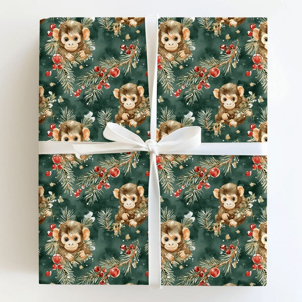 Adorable Animal Holiday Gift Wrap, Watercolor Baby Monkey Christmas Wrapping Paper, Pine Berry Monkey Wrapping Paper, Green X
