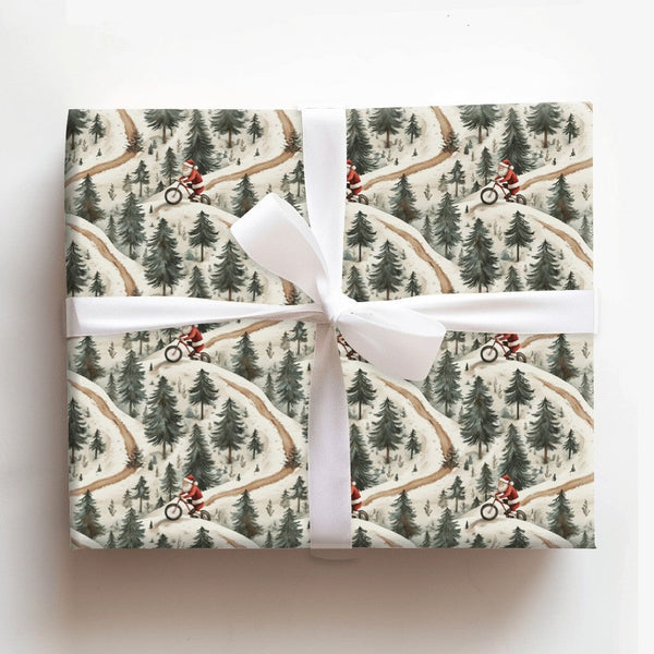 MTB Christmas Gift Wrap, Mountain Biking Santa Wrapping Paper, Snowy Forest Bike Holiday Wrapping Paper, Winter Sports Santa 