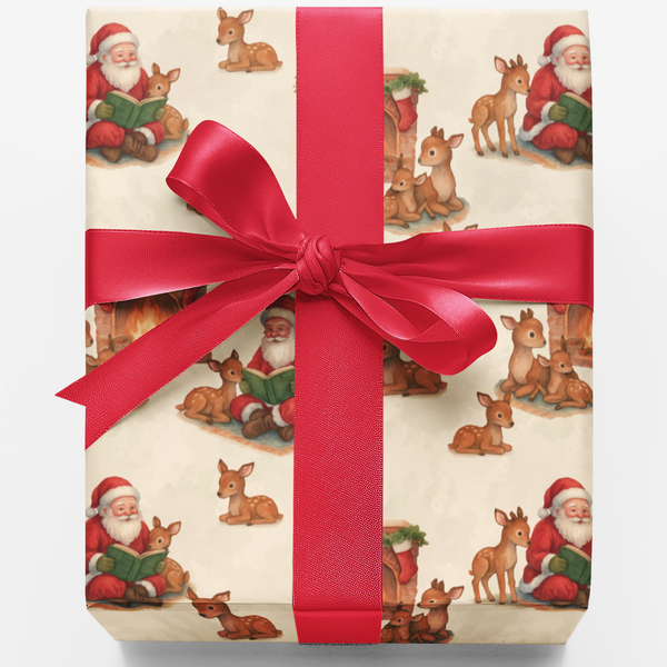Comfy Reindeer Gift Wrap Paper, Vintage Santa Storytime Wrapping Paper, Nostalgic Christmas Wrapping Paper, Retro Xmas Wrap, 