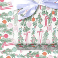 Pink Ribbon Christmas Gift Wrap, Watercolor Garland Wrapping Paper, Elegant Holiday Wrapping Paper, Festive Winter Xmas Gift Wrap Roll