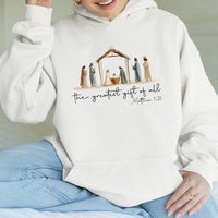 Christian Christmas Hooded Sweatshirt, Nativity Scene the Greatest Present of All Hoodie, Religious Holiday Cross Pullover Hoodie