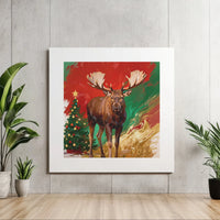Modern Holiday Wildlife Painting Print, Christmas Moose Canvas Wall Art, Rustic Winter Cabin Canvas Decor, Festive Square Canvas Present