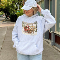 Snowy Christmas Village Hoodie, Vintage Santa Claus Sleigh Hoodie, Retro Santa Graphic Hoodie, Holiday Winter Sweatshirt, Xmas Pullover Present