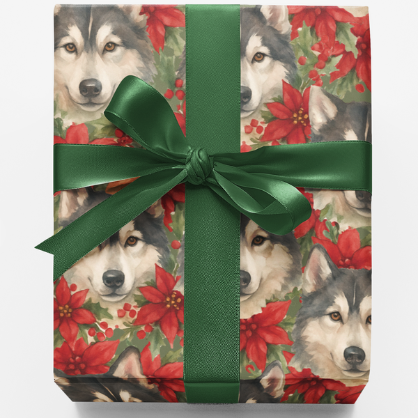Winter Floral Gift Wrap, Husky Dog Christmas Wrapping Paper, Poinsettia Wolf Holiday Wrapping Paper, Dog Lover Festive Gift W