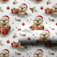 Santa Hat Sea Otter Gift Wrap, Christmas Otter Wrapping Paper, Adorable Animal Holiday Wrapping Paper, Watercolor Winter Present Gift Wrap