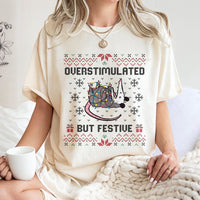 Humorous Possum Christmas T-Shirt, Overstimulated but Festive Opossum T-Shirt, Ugly Sweater Style Opossum T-Shirt, Holiday Animal Lover Present