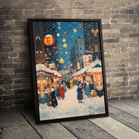 Winter Village Christmas Canvas Print, Snowy Christmas Market Canvas Art, Holiday Night Market Canvas Decor, Comfy Seasonal Home Wall Decor
