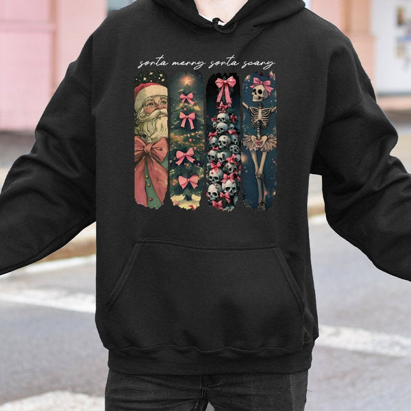 Gothic Skeleton Santa Hoodie, Sorta Merry Sorta Scary Christmas Hoodie, Creepy Xmas Graphic Hoodie, Spooky Holiday Pullover, 