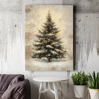 Warm Fairy Light Holiday Pine Canvas Print, Vintage Snowy Christmas Tree Canvas Wall Art, Festive Winter Wonderland Canvas Art, Decor