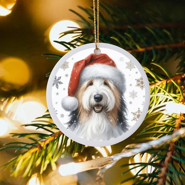 Santa Hat Dog Portrait Ornament, Bearded Collie Christmas Ornament, Ceramic Holiday Tree Keepsake Decor, Beardie Lover Xmas P