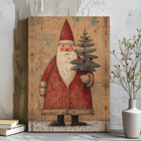 Rustic Santa Canvas Print, Vintage Santa Claus Canvas Art, Christmas Tree Canvas Wall Art, Traditional Holiday Wall Decor, Winter Xmas Present