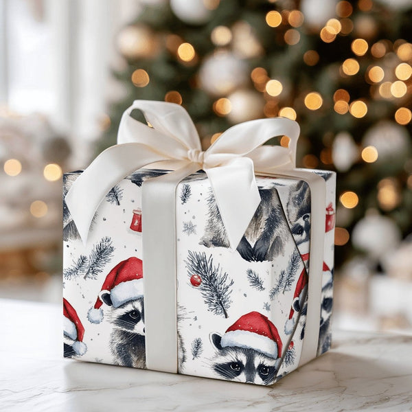 Adorable Animal Holiday Gift Wrap, Santa Hat Raccoon Wrapping Paper, Watercolor Christmas Raccoon Paper, Winter Forest Wrappi
